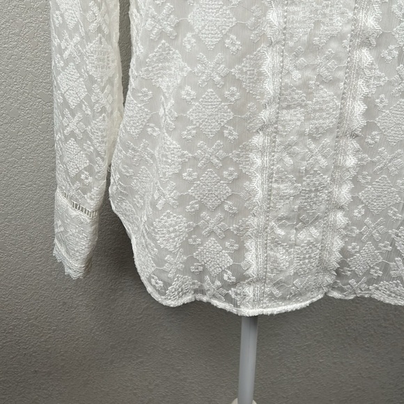 NYDJ White Boho Embroidered V-Neck Long Sleeve Top Size XS - Picture 3 of 6